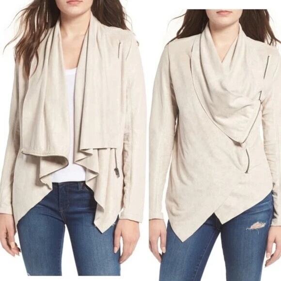 BLANK NYC Mixed Media Faux Leather Suede Moto Jacket Light Beige | Small - Picture 2 of 11